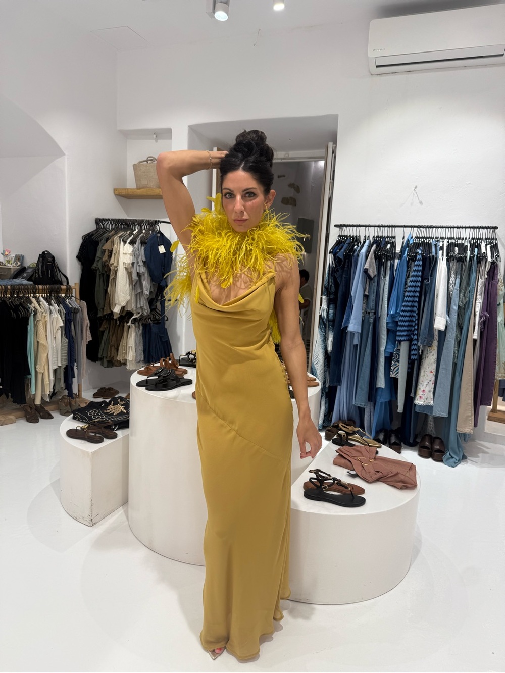 Feather-Trim  yellow/ chartreuse  Maxi Dress with Cowl Neck